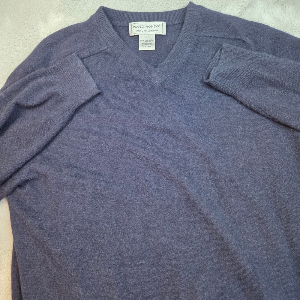 Paolo Mondo 100% 2 Ply Cashmere V-Neck Sweater Mens Large Navy‎ Blue Pullover